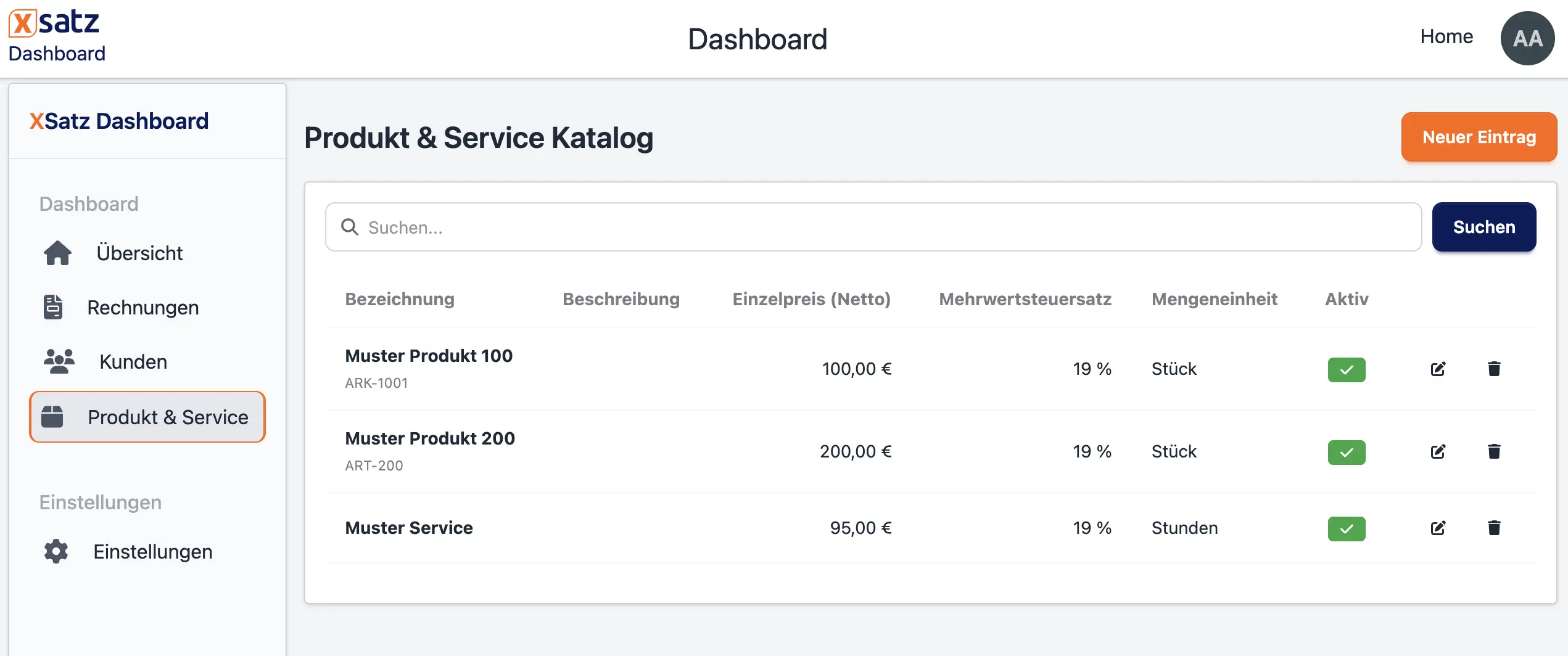 Produkt &amp; Service Katalog Übersicht