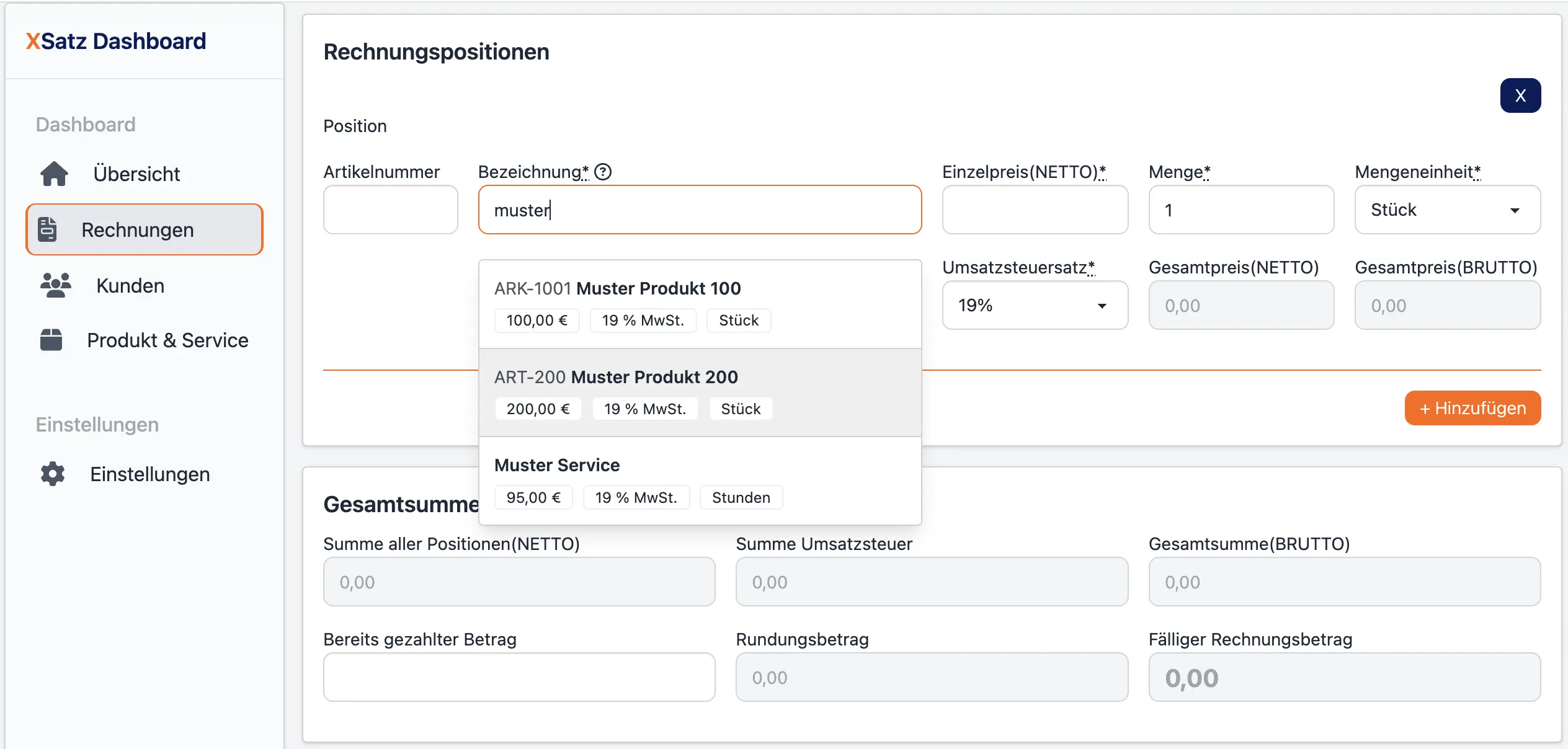 Autocomplete-Suche beim Erstellen einer Rechnung