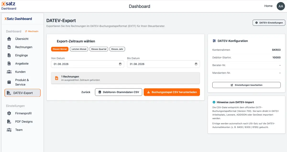 DATEV-Export im XSatz Dashboard