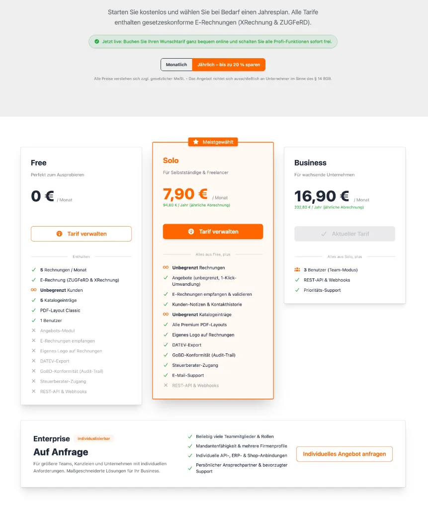 Übersicht der Tarife Free, Solo und Business in XSatz