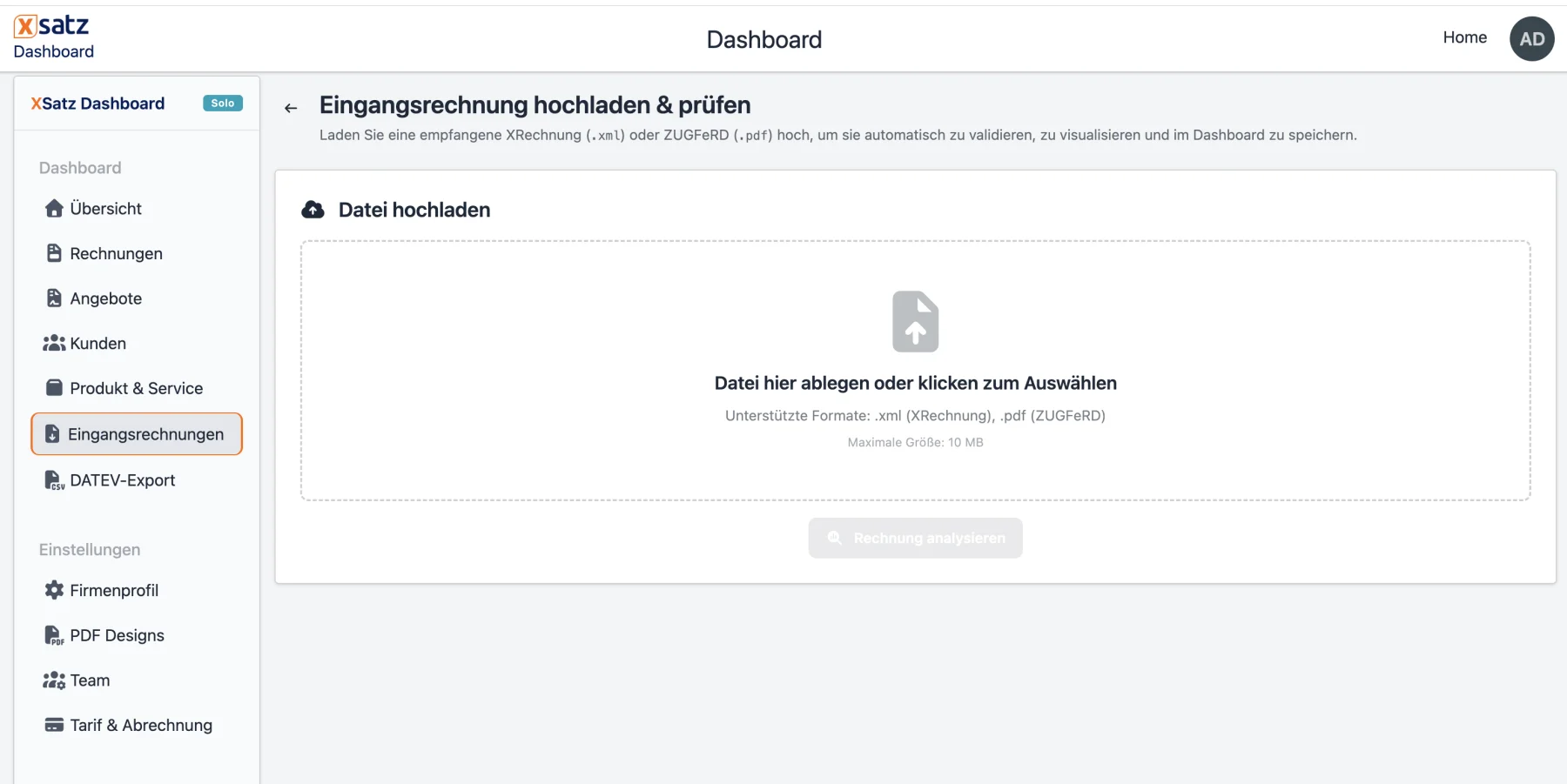Eingangsrechnung hochladen und prüfen im XSatz Dashboard
