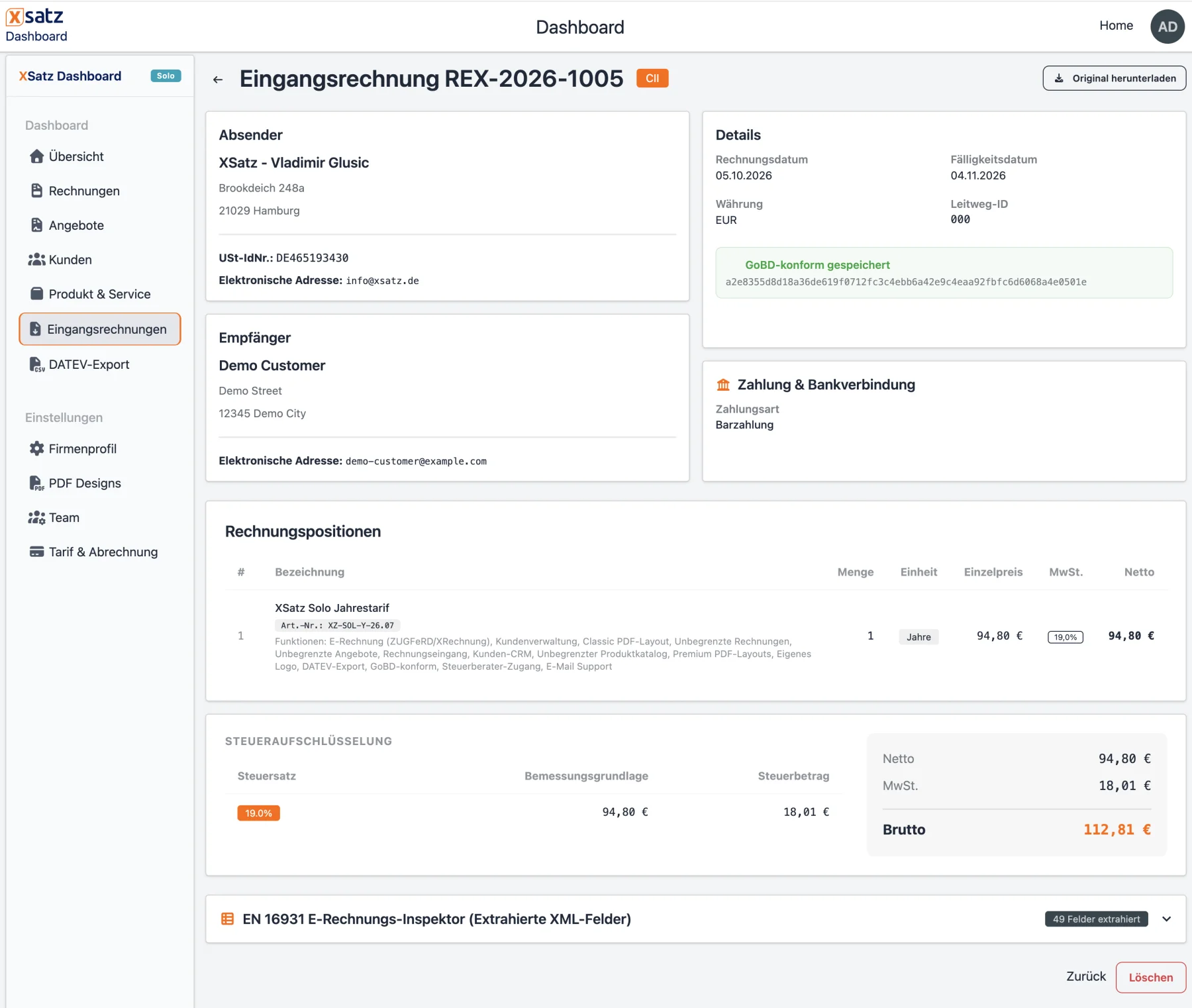 Vollständige Visualisierung einer E-Rechnung mit Positionen, Bankdaten und E-Rechnungs-Inspektor