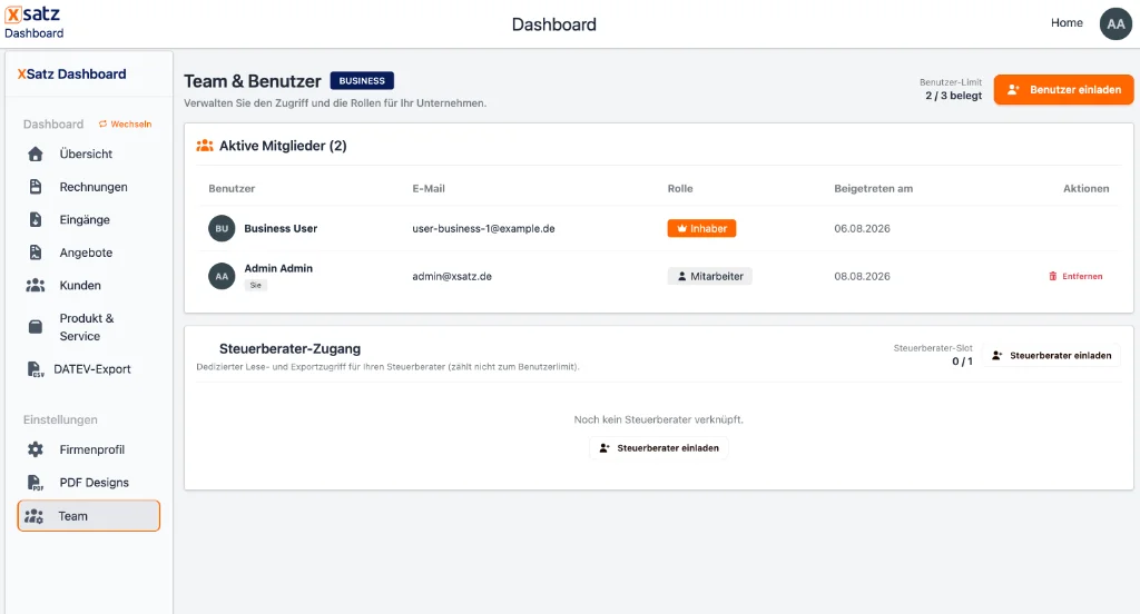 Steuerberater-Zugang im XSatz Dashboard